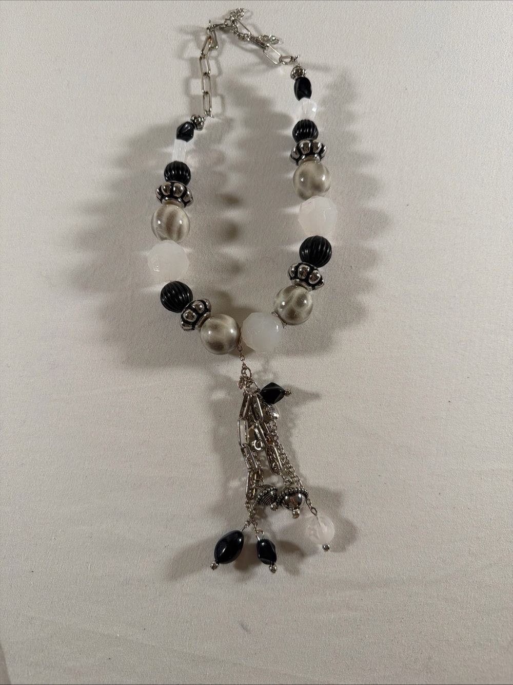 Black & White Beaded Tassel Necklace - Women Jewelry